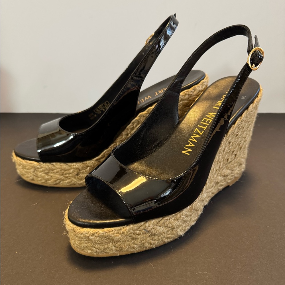 Stuart Weitzman Black Patent Wedge Espadrilles
